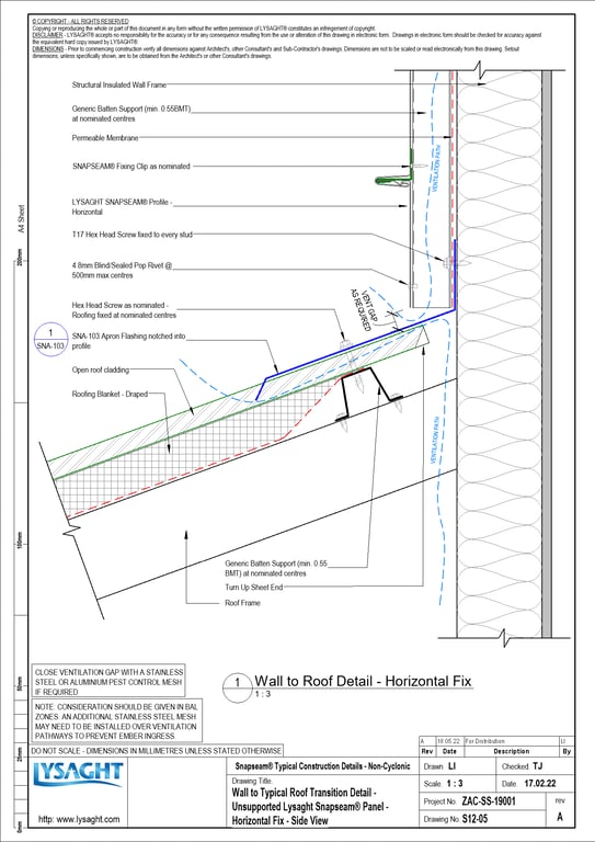 Navigate to S12-05 - Wall to Typical Roof Transition Detail - Unsupported Lysaght Snapseam® Panel - Horizontal Fix - Side View