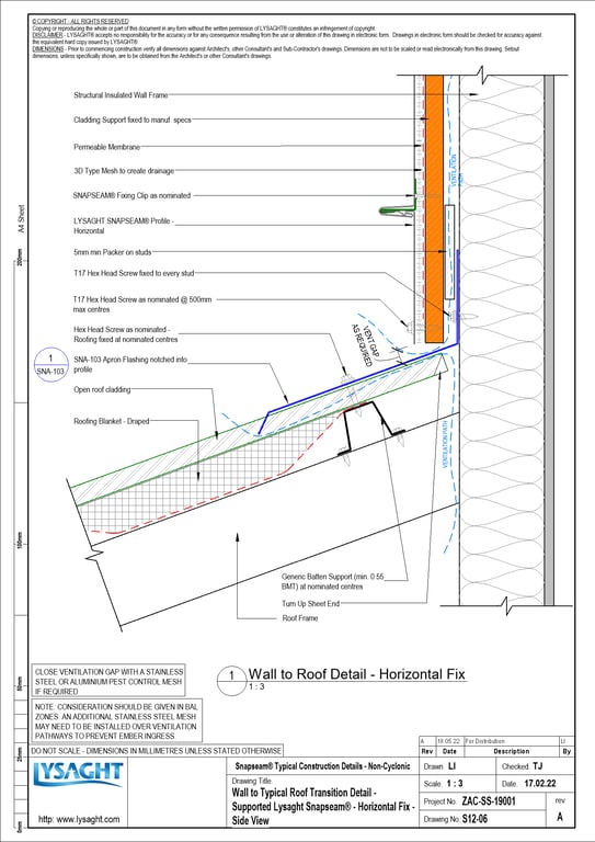 Navigate to S12-06 - Wall to Typical Roof Transition Detail - Supported Lysaght Snapseam® - Horizontal Fix - Side View