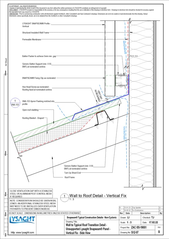 Navigate to S12-07 - Wall to Typical Roof Transition Detail - Unsupported Lysaght Snapseam® Panel - Vertical Fix - Side View