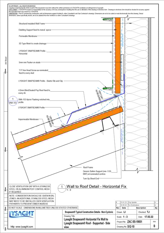 Navigate to S12-10 - Lysaght Snapseam® Horizontal Fix Wall to Lysaght Snapseam® Roof - Supported - Side view