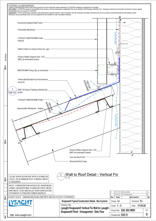 Navigate to S12-11 - Lysaght Snapseam® Vertical Fix Wall to Lysaght Snapseam® Roof - Unsupported - Side View