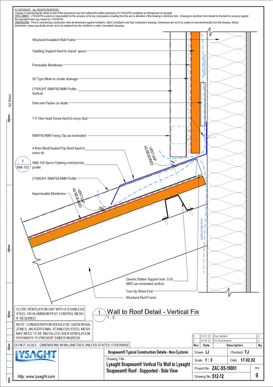 Navigate to S12-12 - Lysaght Snapseam® Vertical Fix Wall to Lysaght Snapseam® Roof - Supported - Side View