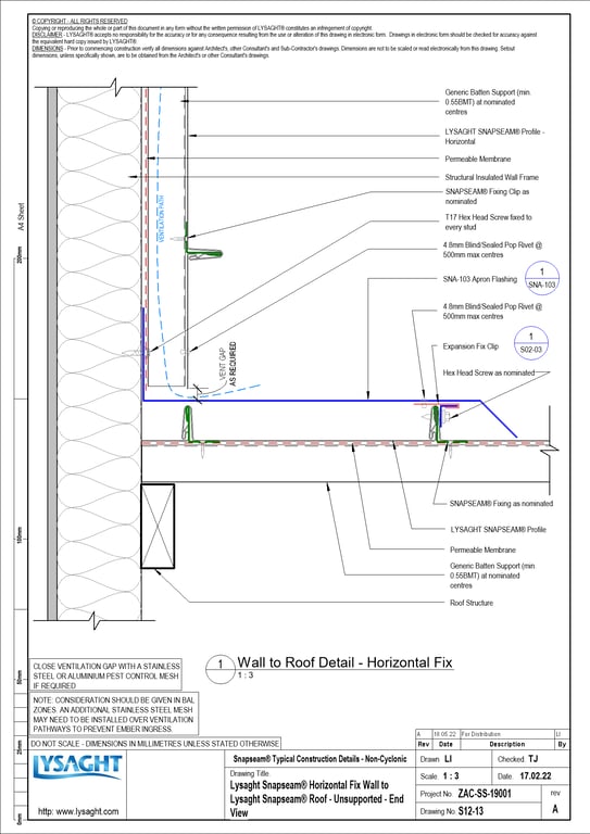 Navigate to S12-13 - Lysaght Snapseam® Horizontal Fix Wall to Lysaght Snapseam® Roof - Unsupported - End View