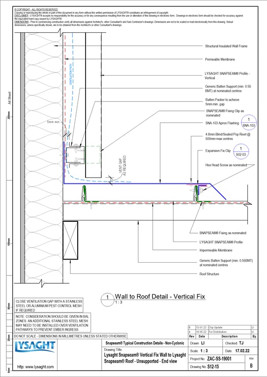 Navigate to S12-15 - Lysaght Snapseam® Vertical Fix Wall to Lysaght Snapseam® Roof - Unsupported - End view
