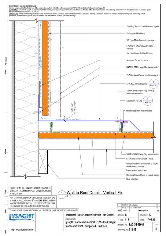 Navigate to S12-16 - Lysaght Snapseam® Vertical Fix Wall to Lysaght Snapseam® Roof - Supported - End view