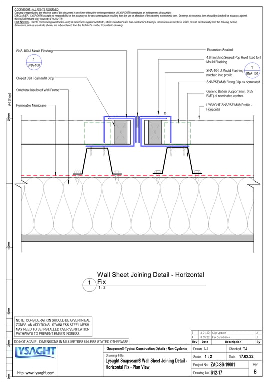 Navigate to S12-17 - Lysaght Snapseam® Wall Sheet Joining Detail - Horizontal Fix - Plan View