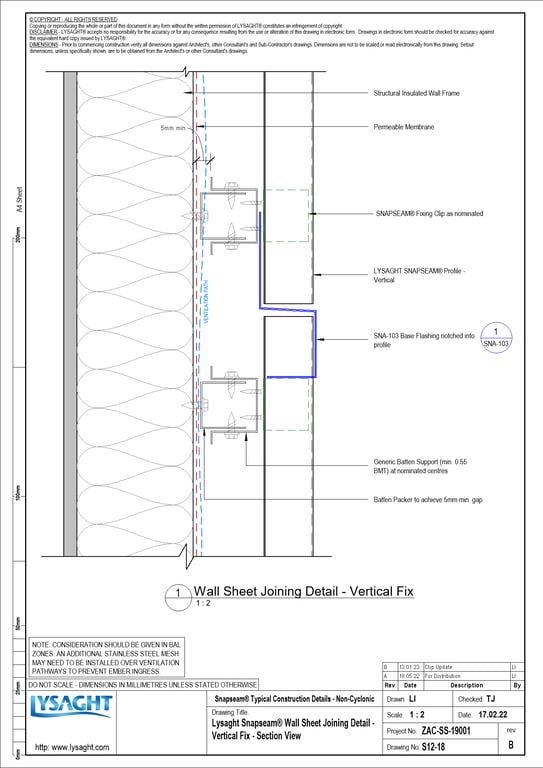 Navigate to S12-18 - Lysaght Snapseam® Wall Sheet Joining Detail - Vertical Fix - Section View