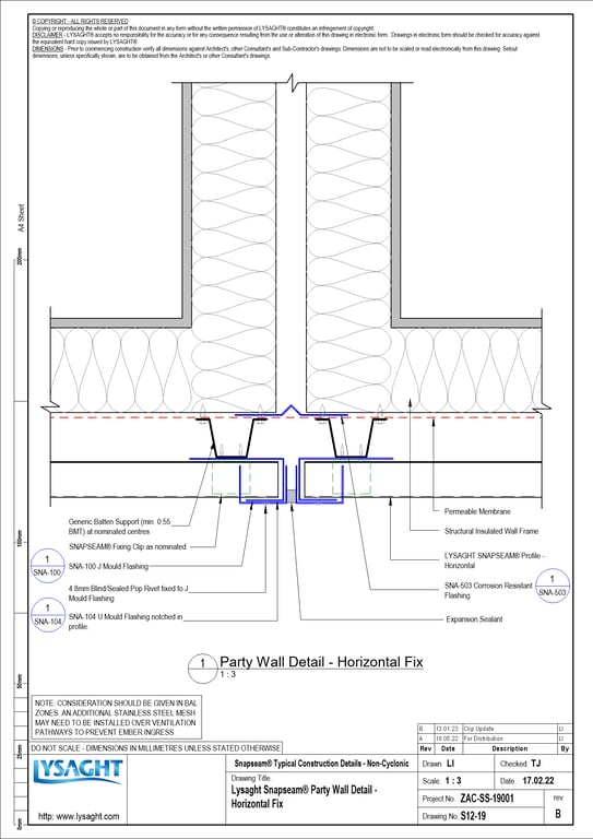 Navigate to S12-19 - Lysaght Snapseam® Party Wall Detail - Horizontal Fix