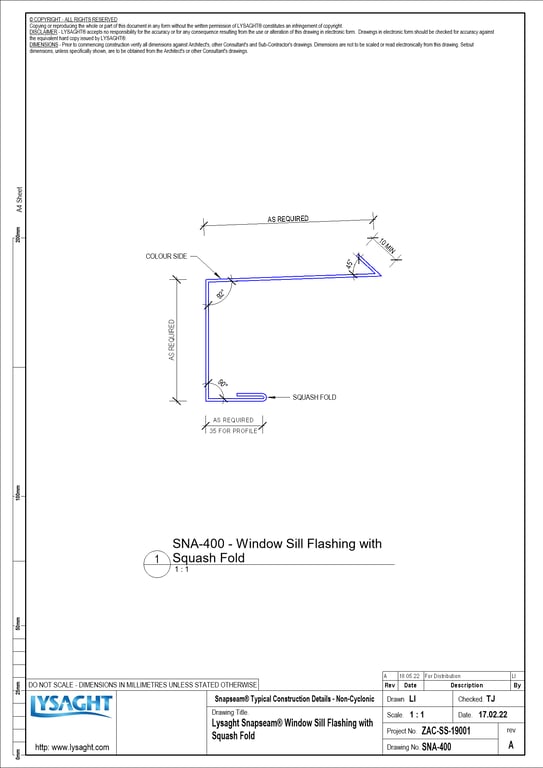Navigate to SNA-400 - Lysaght Snapseam® Window Sill Flashing with Squash Fold