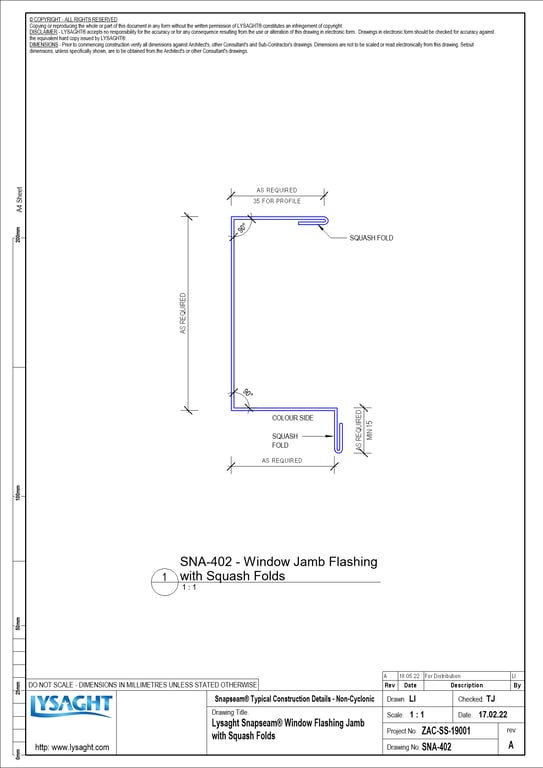 Navigate to SNA-402 - Lysaght Snapseam® Window Flashing Jamb with Squash Folds