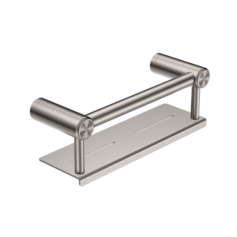 Nero Mecca Care 25mm Grab Rail With Shelf 300mm 450mm NRCR2512CBN Image of GrabRail SurfaceMount Nero MeccaCare Shelf