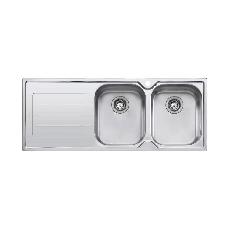 Flinders-Double-Bowl-Topmount-Sink-With-Drainer-Right-Hand-Bowl-Oliveri-Image1.png Image of Sink Kitchen Oliveri Flinders DoubleBowl Right