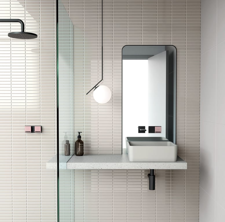 116-7803-10 116-7610-10 116-7923-10 116-9002-83 Phoenix Zimi Shower Mixer and Twin Shower Mixer and Wall Outlet Lifestyle RGB Image of MixerTap Wall Phoenix Zimi Twin