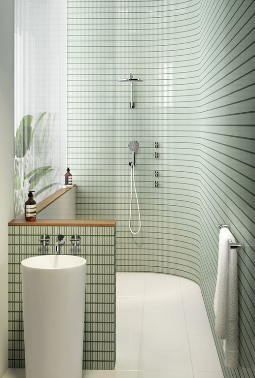 119-0600-00 119-0810-00 604-6610-62 604-5100-00 Phoenix Vivid Slimline Plus Collection and NX Vive Shower Lifestyle RGB Image of TapSet Wall Phoenix VividSlimlinePlus