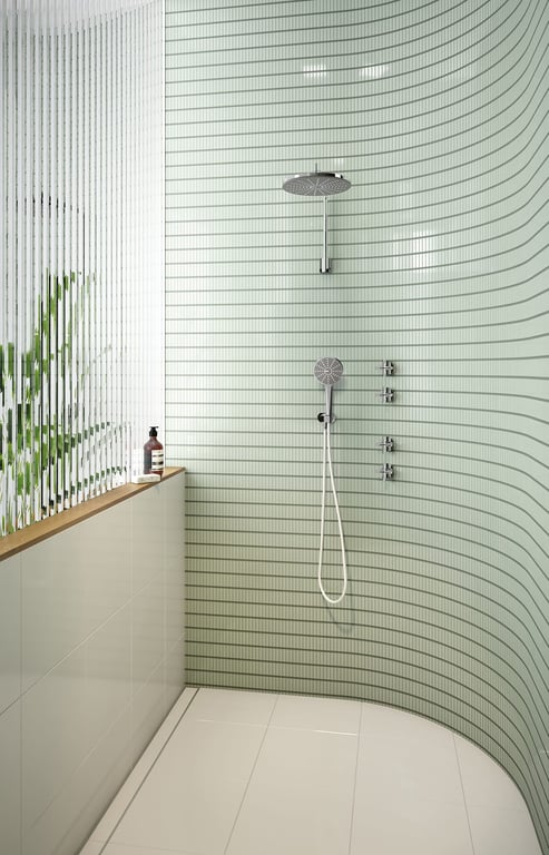 119-0600-00 604-6610-62 604-5100-00 Phoenix Vivid Slimline Plus Collection and NX Vive Shower Lifestyle 3 RGB Image of Shower Hand Phoenix NXVive