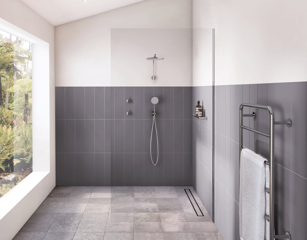 608-5100-00 608-6610-00 111-8700-00 Phoenix NX Iko Shower Arm & Rose and Hand Shower Lifestyle RGB Image of TowelRail Ladder Phoenix VividSlimline