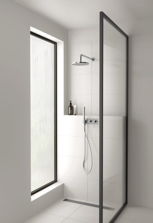 VS7490-00 V5200-00 Phoenix Vivid Slimline Wall Shower System and Vivid Shower Arm and Rose Lifestyle RGB Image of Shower Head Phoenix Vivid