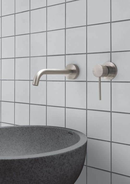 VS7801-40 VS774 BN Phoenix Vivid Slimline Shower Wall Mixer 60mm Backplate Hero RGB Image of Spout Wall Phoenix VividSlimline Basin Curved 180mm