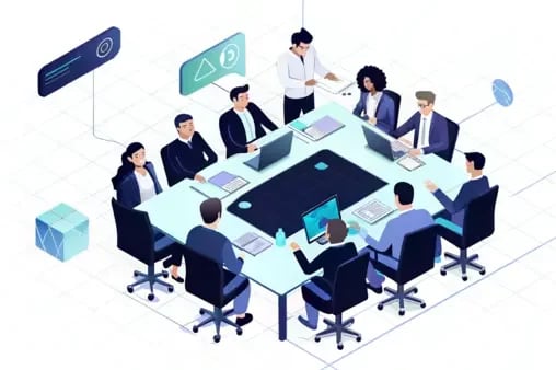 Illustration of a conference room with diverse team members collaborating on AEC projects using BIM.
