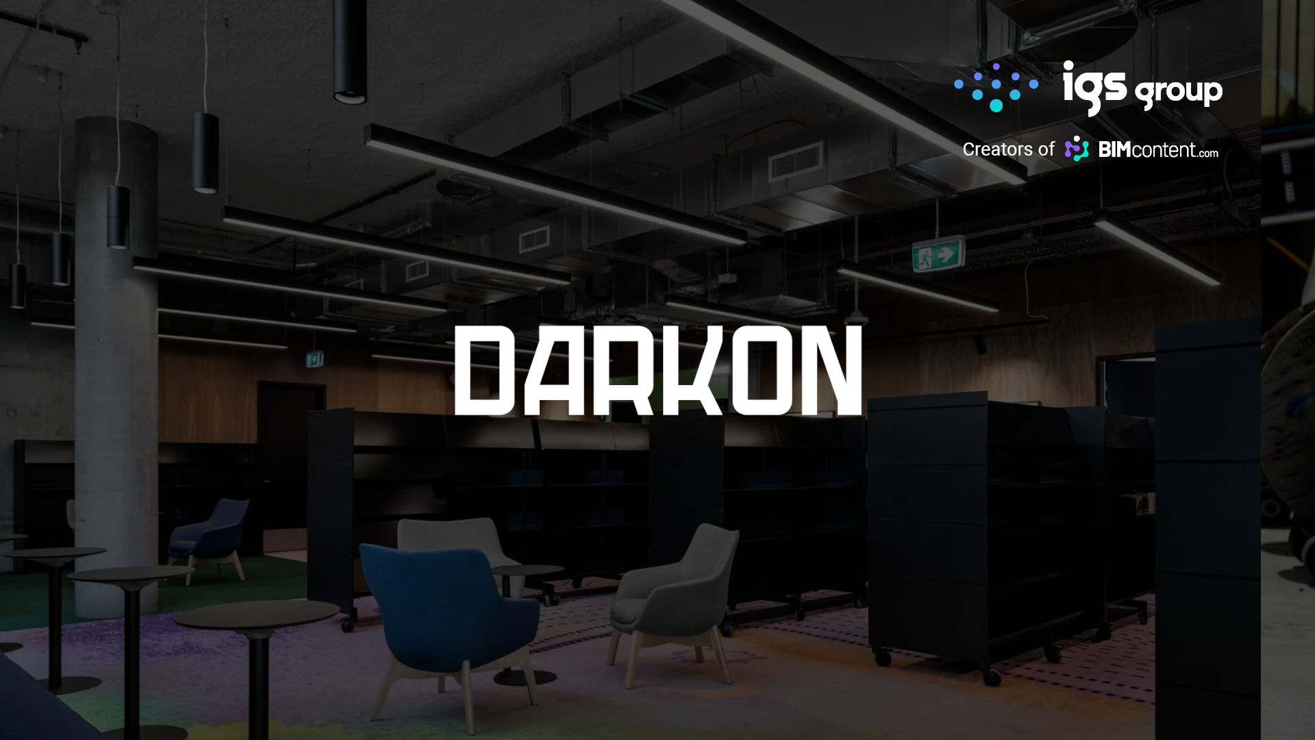 Success story header featuring Darkon Lighting's partnership with IGS Group. Includes a modern office setting with the "Darkon" logo displayed prominently and text summarizing the collaboration to enhance BIM strategy.