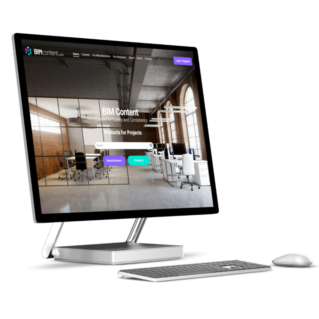 Become a BIMcontent Partner – BIM Content Distribution Desktop display of BIMcontent.com homepage, promoting partnership opportunities to manage, promote, and maximize BIM content utilization by specifiers.