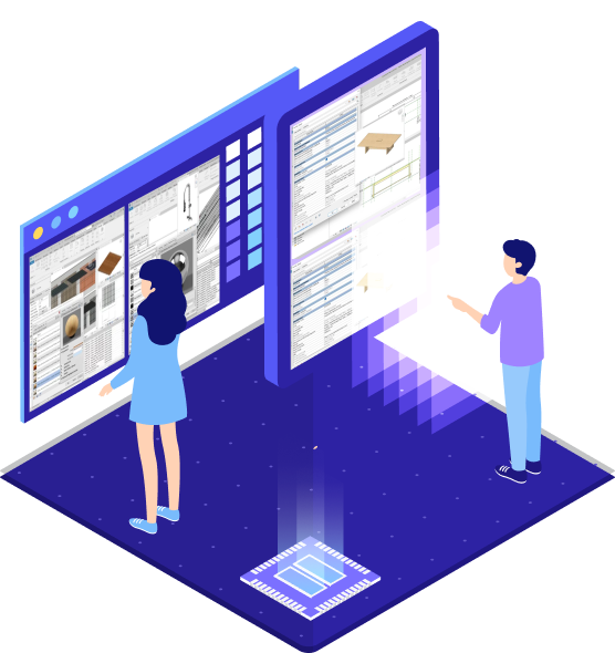 Illustration of two BIM Content Creation Services for Building Product Manufacturers professionals interacting with digital BIM content on large screens, emphasizing evolved building design workflows and specification optimization.