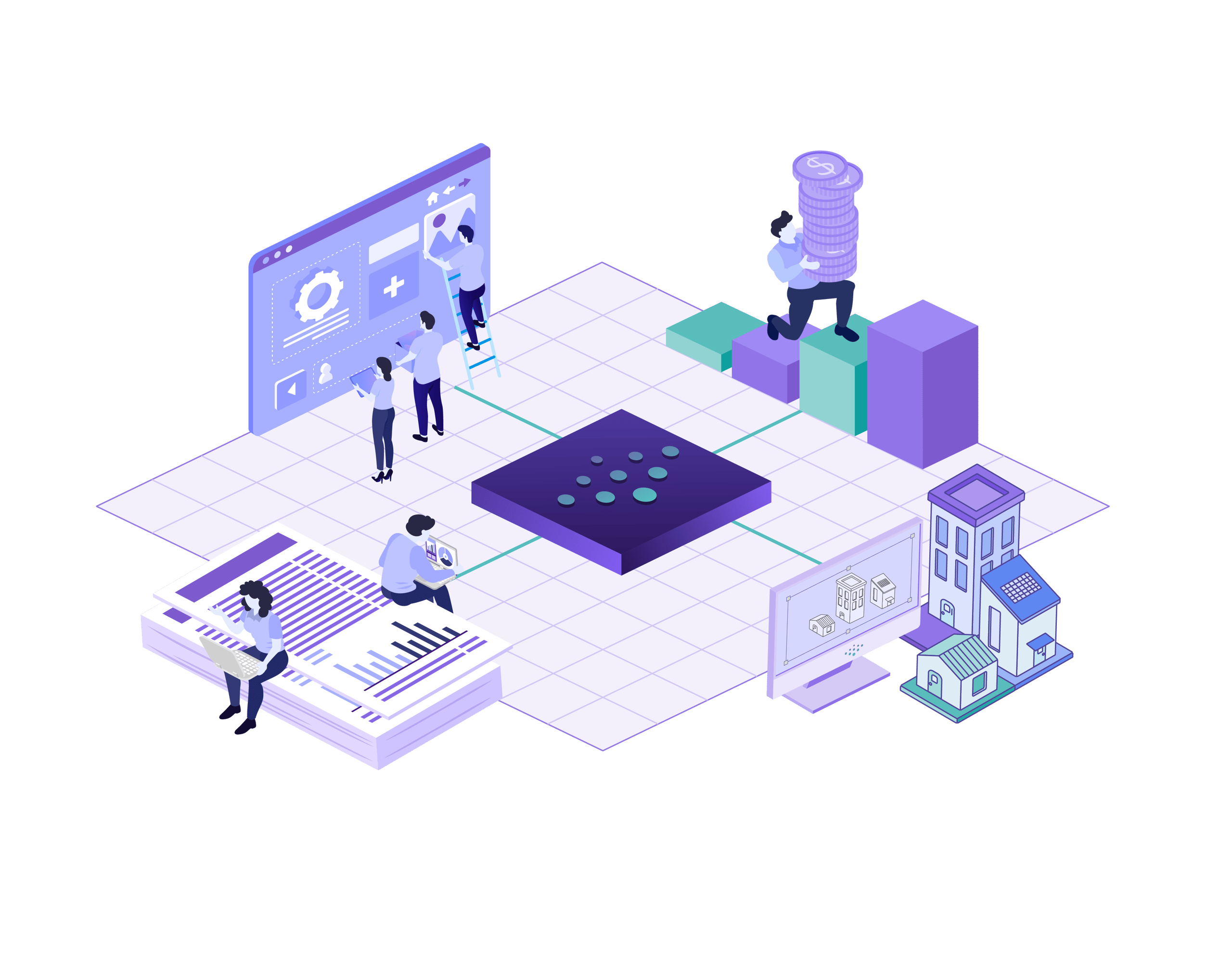 Illustration of professionals analyzing marketing data and building strategies, showcasing marketing solutions for building product manufacturers.