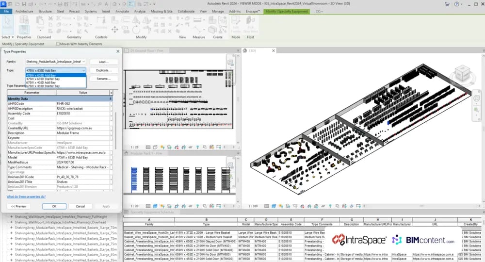 Screenshot of a Revit interface showcasing IntraSpace’s modular shelving and storage solutions with integrated BIM data, highlighting type properties, 3D visualizations, and detailed metadata for project specifications.