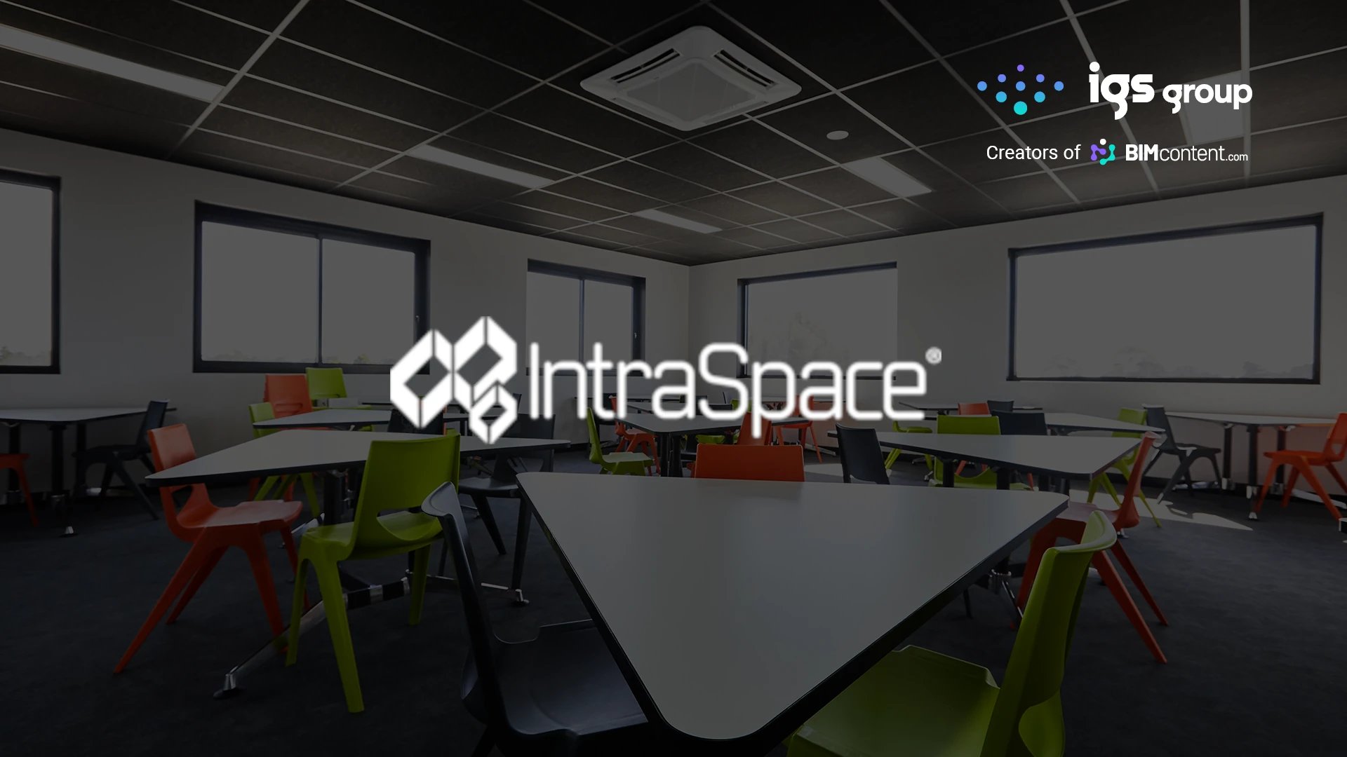 IntraSpace success story image featuring a modern classroom environment with colorful modular furniture, emphasizing their collaboration with IGS Group to enhance space design and functionality through BIM solutions.