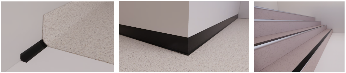 Close-up images showcasing example renders of Armstrong Flooring’s resilient flooring installation with coved skirting, wall base, and stair nosing solutions. The images highlight seamless transitions between flooring and walls for durability and aesthetics.