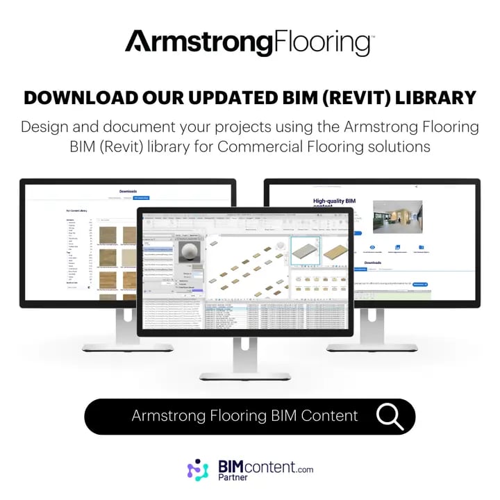 Promotional graphic for Armstrong Flooring’s updated BIM (Revit) library, featuring three computer screens displaying digital flooring models, material schedules, and project documentation tools for commercial flooring solutions.