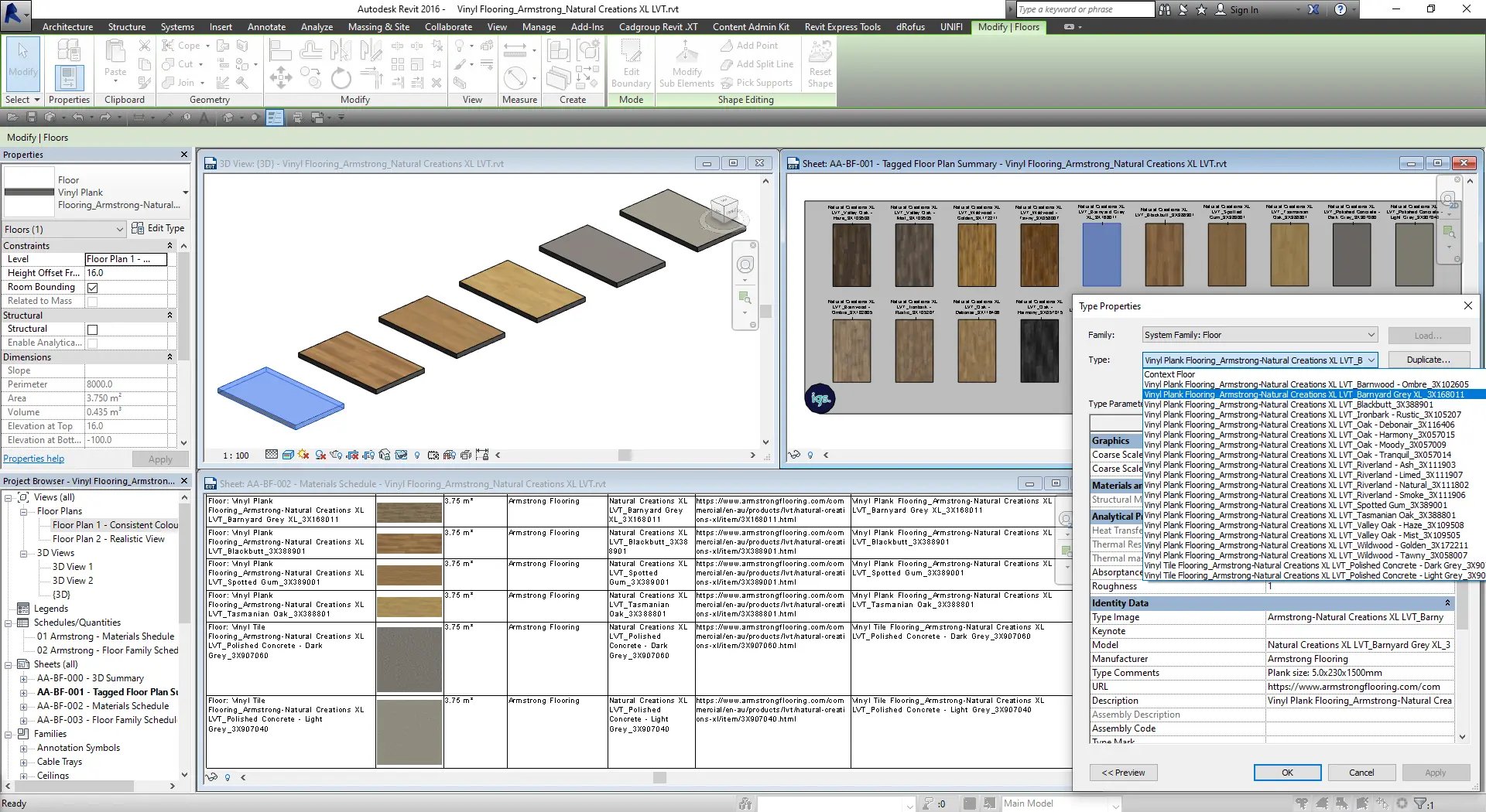 Autodesk Revit interface displaying Armstrong Flooring’s Natural Creations XL Luxury Vinyl Tile (LVT) materials. The image showcases a 3D model, floor plan summary, and detailed material selection panel for architectural design integration.