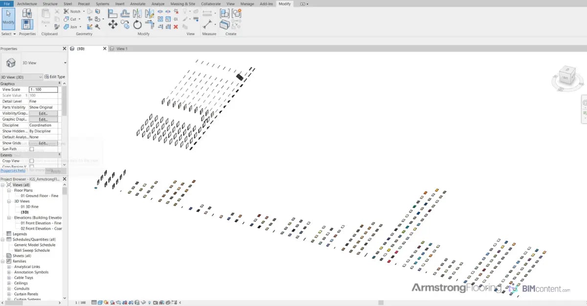 3D BIM model visualization in Autodesk Revit showcasing Armstrong Flooring materials and textures. The model is structured into categorized elements, demonstrating Armstrong Flooring's integration with BIM content for architectural and design applications.