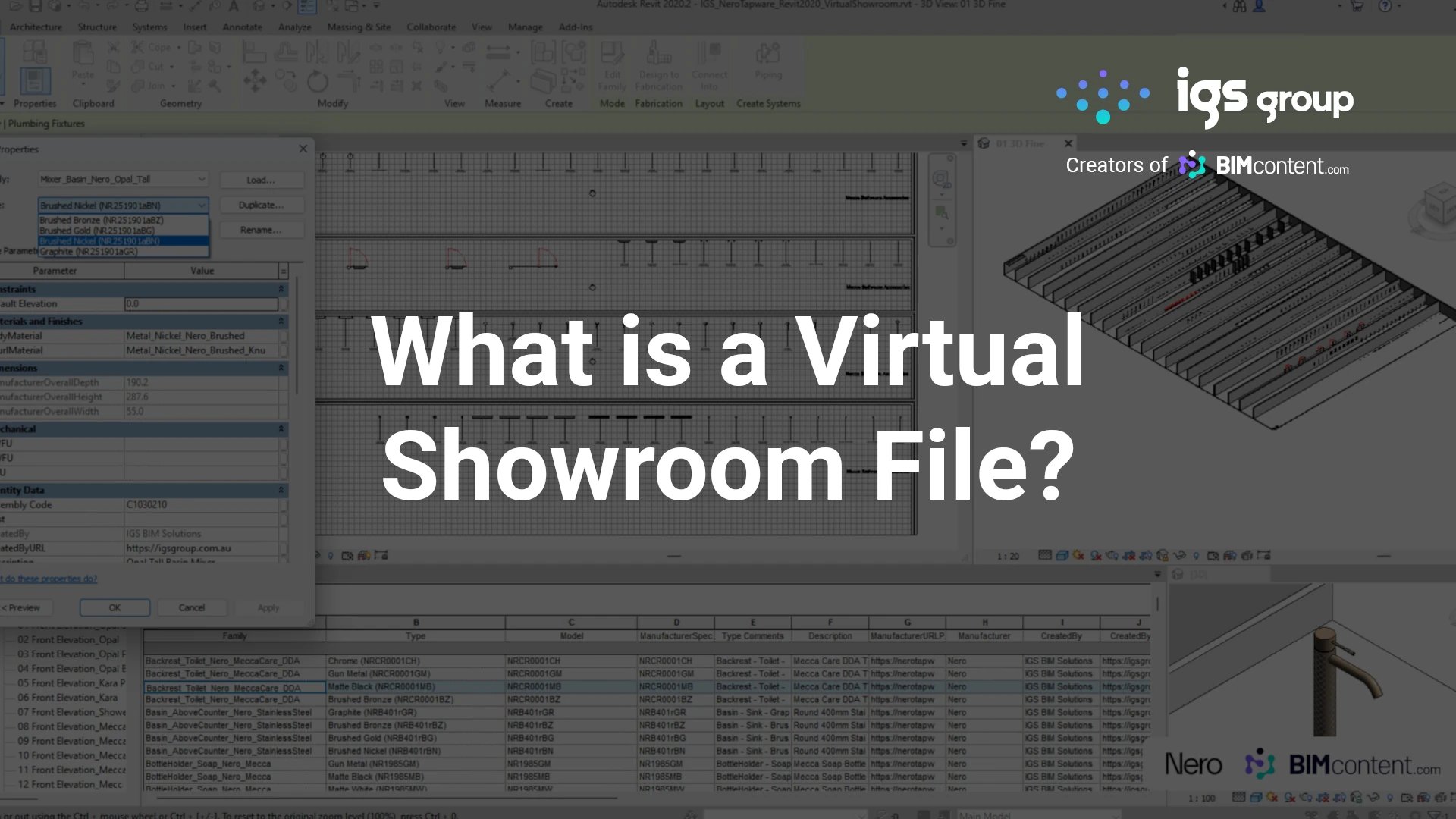 IGS Group thumbnail showing a Virtual Showroom BIM file in Revit with an organised BIM content library and BIMcontent.com branding in a navigable digital environment