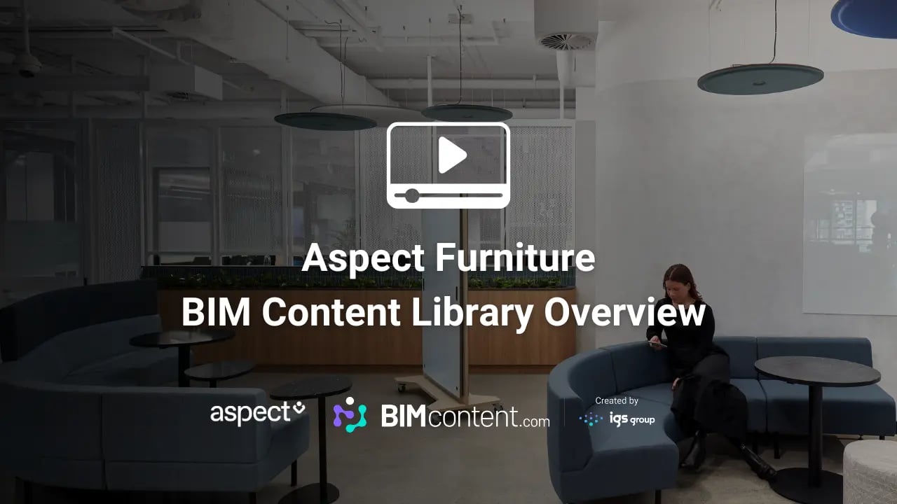A thumbnail for Aspect Furniture BIM Content Library created by IGS Group. The background shows a modern office interior with blue curved sofas, round tables, and pendant lighting fixtures. A person is sitting on one of the sofas. In the centre is a video play button icon with 'Aspect Furniture BIM Content Library Overview' text. At the bottom of the image are three logos: the Aspect Furniture logo, the BIMcontent.com logo, and the IGS Group logo with 'Created by' text.
