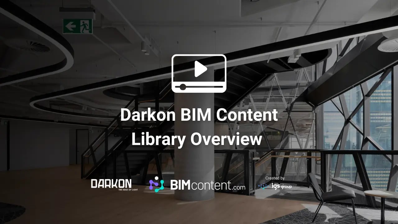 A thumbnail for Darkon BIM Content Library created by IGS Group. The background shows a modern commercial interior with architectural lighting features and structural elements. In the centre is a video play button icon with 'Darkon BIM Content Library Overview' text. At the bottom of the image are three logos: the Darkon logo with tagline 'THE EDGE OF LIGHT', the BIMcontent.com logo, and the IGS Group logo with 'Created by' text.