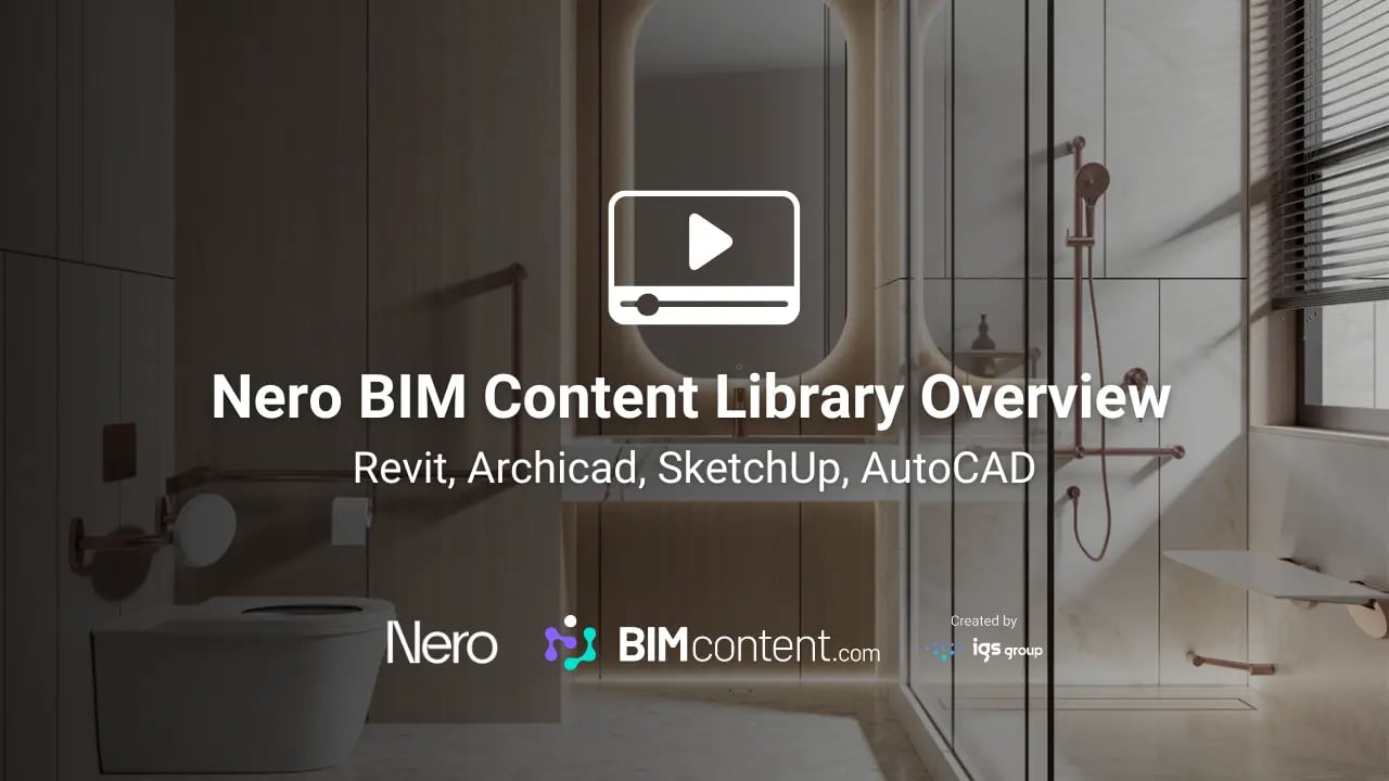 IGS Group thumbnail shows a modern bathroom interior with minimalist fixtures including a toilet and shower. Overlaid on this background is text reading 'Nero BIM Content Library Overview' with 'Revit, Archicad, SketchUp, AutoCAD' listed underneath. The bottom of the image contains the Nero logo, BIMcontent.com logo, and IGS Group logo with 'Created by' text. A video play button icon appears in the centre, indicating this is a thumbnail for a video overview of the Nero BIM content library.