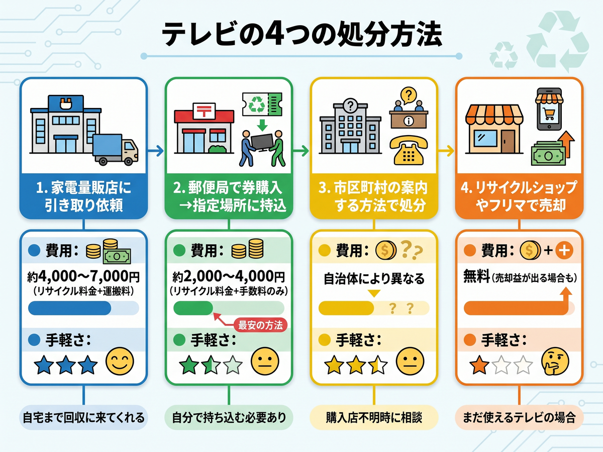 テレビ処分方法ガイド〜リサイクル料金・持ち込み・無料回収の注意点