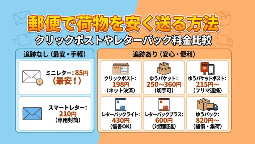 郵便で荷物を安く送る方法 - クリックポストやレターパック料金比較
