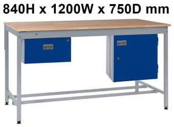 picture of Square Tube Workbench - Beech Top - 840H x 1200W x 750D mm - Single Drawer & Storage Cupboard - [QM-BQ841275BX2A]