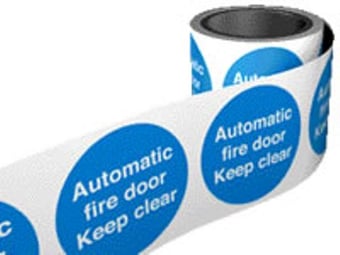 picture of Fire Labels On a Roll - Automatic Fire Door Keep Clear - Self Adhesive Vinyl - 100mm x 100Hmm - [AS-FDR3]