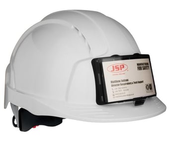 Picture of JSP EVOLite - White Safety Helmet Vented with Standard Peak - Revolution Wheel Ratchet and ID Badge Holder - [JS-AJB173-400-100]