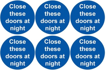Picture of Safety Labels - Close These Doors At Night (24 pack) 6 to Sheet - 75mm dia - Self Adhesive Vinyl - [IH-SL64-SAV]