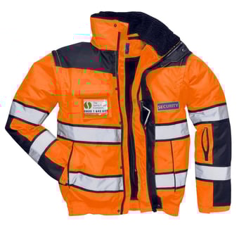 Picture of Portwest Security Printed Front and Back Hi-Vis Executive Bomber 3 in 1 Multifunction Orange/Black Jacket - PW-C466OBR-SEC