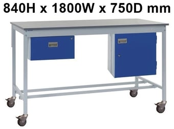 picture of Mobile Square Tube Workbench - Laminate Top - 840H x 1800W x 750D mm - Single Drawer & Storage Cupboard - [QM-BM841875PX1C]