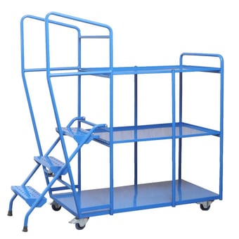 picture of QMP Order Picking Trolley - 3 Shelf Including 3 Steps and Hand Rail - Blue - [QM-RTOR16153BXX]