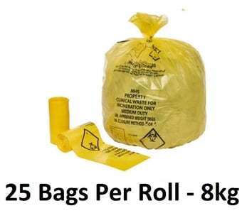 picture of Yellow NHS Clinical Waste Sacks - Medium - Heavy Duty - 14" x 22" x 25" - 25 Bags Per Roll - 8kg - [OL-OL622/A]