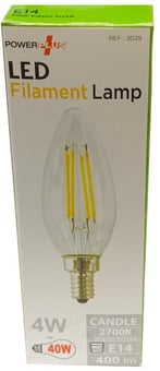 Picture of Power Plus - 4W - E14 Energy Saving Candle LED Filament Bulb - 400 Lumens - 2700k Warm White - Pack of 12 - [PU-3029]