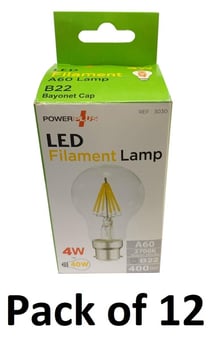 picture of Power Plus - 4W - B22 Energy Saving A60 LED Filament Bulb - 400 Lumens - 2700k Warm White  - Pack of 12 - [PU-3030] - (DISC-W)