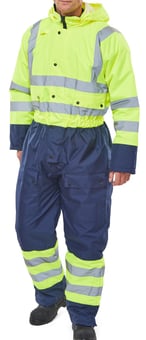 picture of Beeswift Two Tone Hi Viz Thermal Waterproof Saturn Yellow/Navy Coverall - BE-BD900SYN